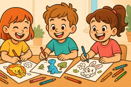 Kinderen die kleurplaten inkleuren met potloden