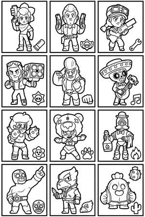 Brawl Stars kleurplaat alle knokkers poster met 12 bekende brawlers in vakjes om in te kleuren.