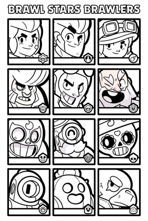 Brawl Stars kleurplaat alle knokkers in een raster met veel kleine portretten om in te kleuren.