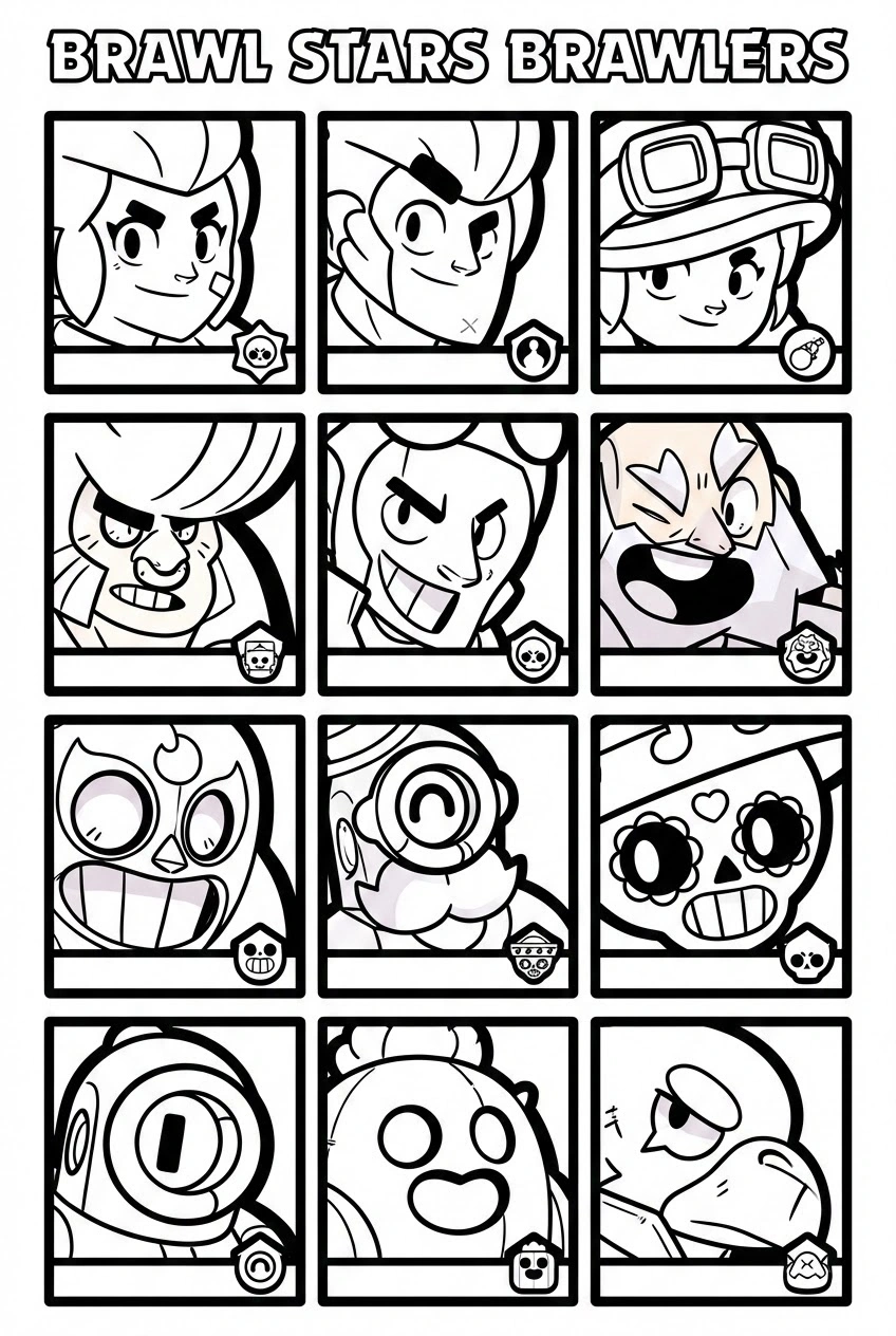 Brawl Stars kleurplaat alle knokkers in een raster met veel kleine portretten om in te kleuren.