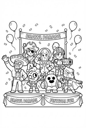 Brawl Stars kleurplaat met skins parade van 6 brawlers in verschillende outfits om in te kleuren.