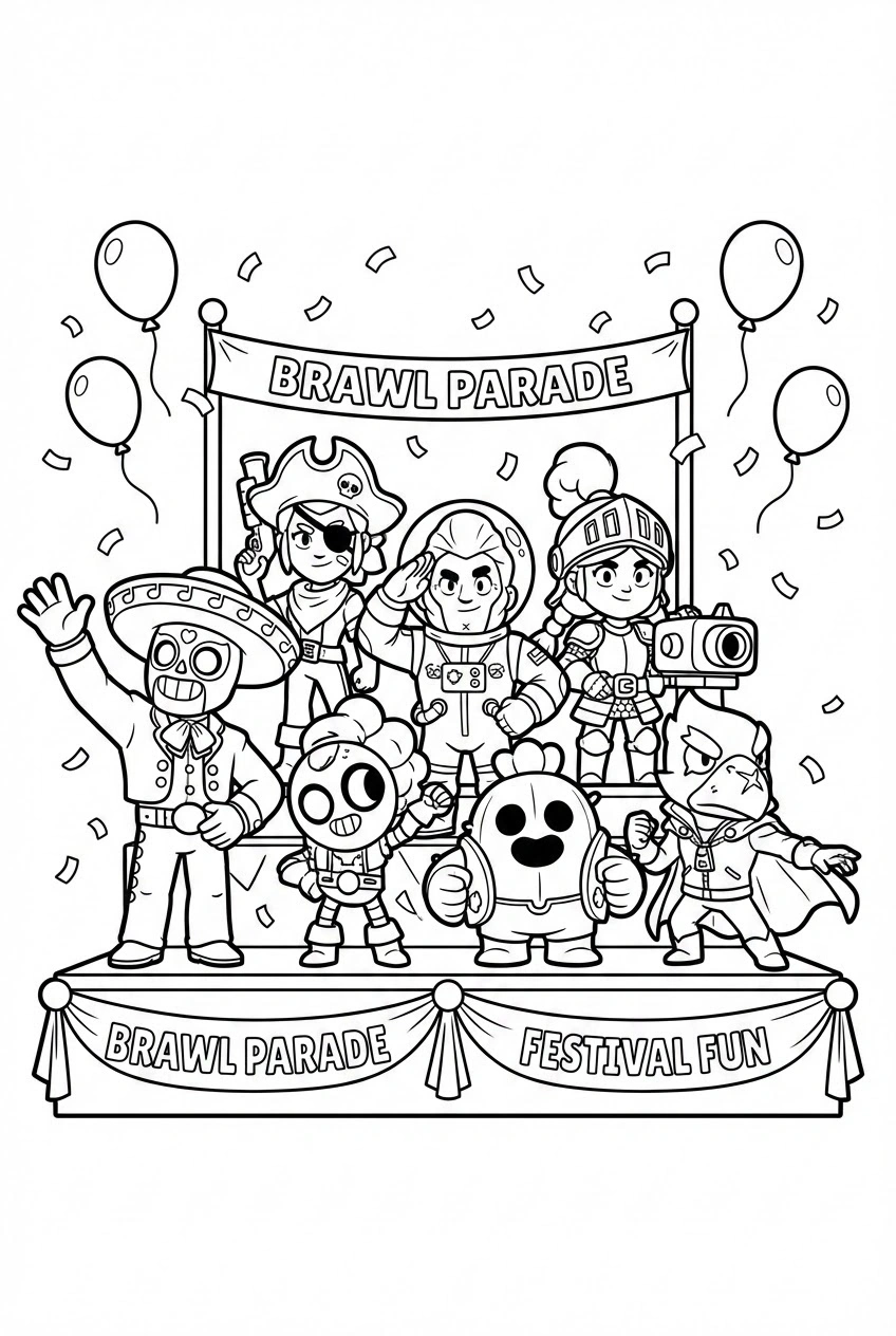 Brawl Stars kleurplaat met skins parade van 6 brawlers in verschillende outfits om in te kleuren.
