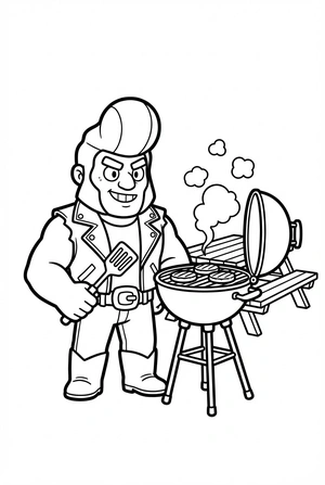 Brawl Stars kleurplaat van Bull bij een barbecue met hamburgers en een vrolijke sfeer.