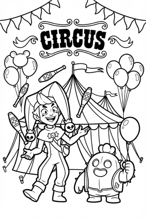 Brawl Stars kleurplaat van Chester en Spike in een circus met een grote tent en ballonnen.