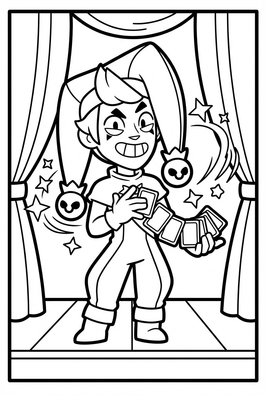 Brawl Stars kleurplaat van Chester die goochelt met speelkaarten en sterren om hem heen.