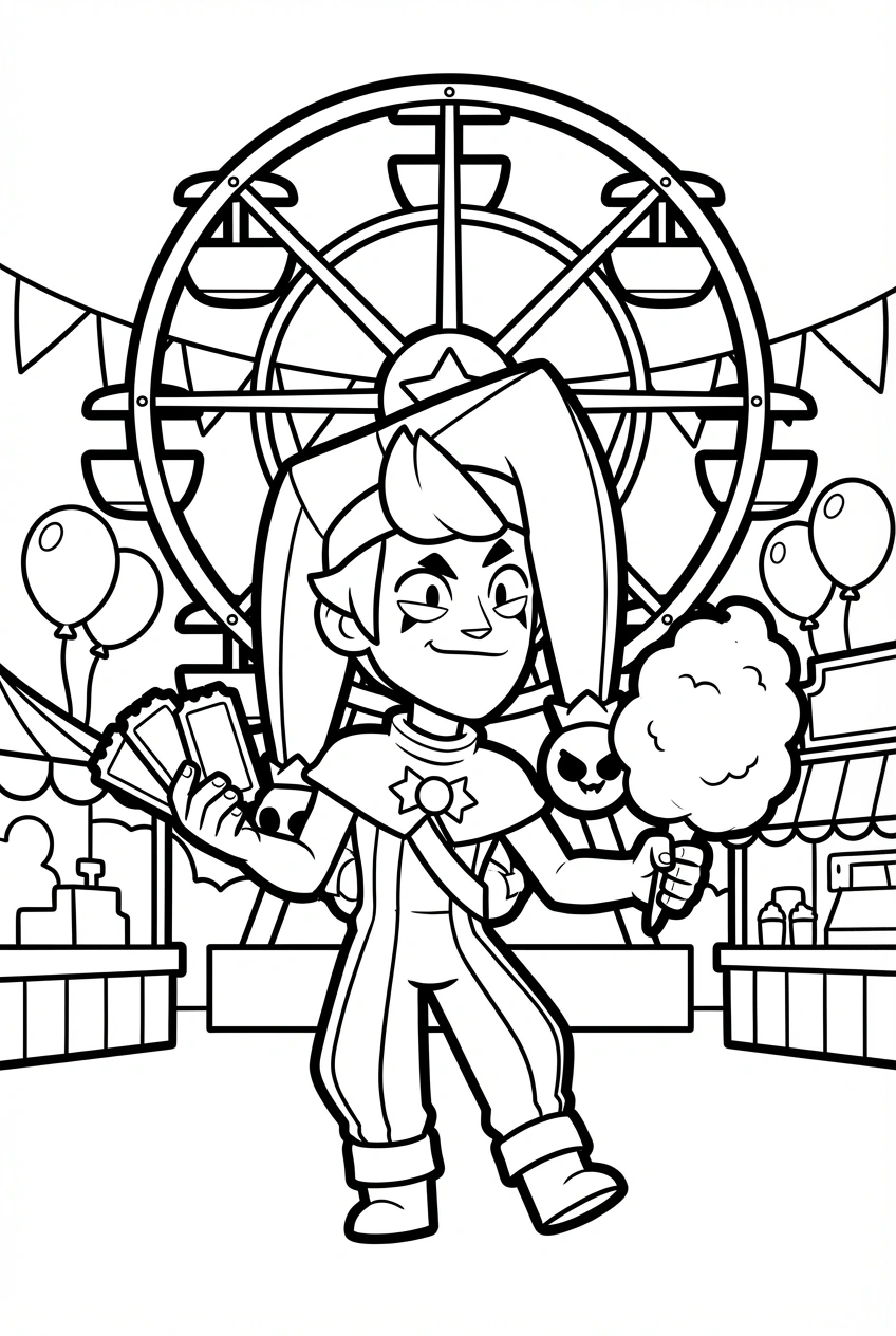 Brawl Stars kleurplaat van Chester in een pretpark met reuzenrad, kaartjes en suikerspin.