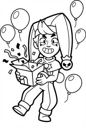 Brawl Stars kleurplaat van Chester met confetti en een verrassingsdoos, klaar voor feest.