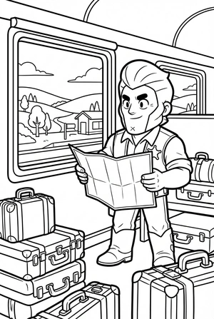 Brawl Stars kleurplaat van Colt in een treinwagon met koffers, een kaart en een raam met landschap.