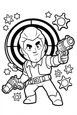 Brawl Stars kleurplaat van Colt met twee blasters bij een groot doelwit en sterren.