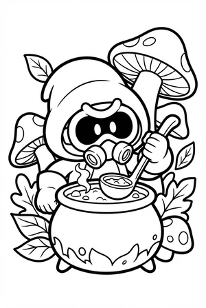 Brawl Stars kleurplaat van Cordelius die roert in een ketel met toverdrank en paddenstoelen.