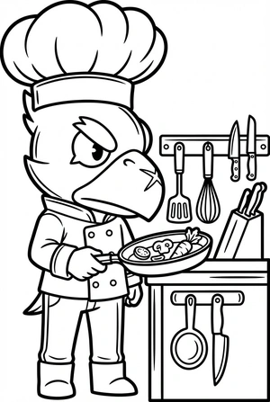 Brawl Stars kleurplaat van Crow als chef met koksmuts en een pan vol groenten in de keuken.