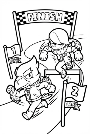 Brawl Stars kleurplaat van Crow en Edgar die rennen naar de finish met vlaggetjes.