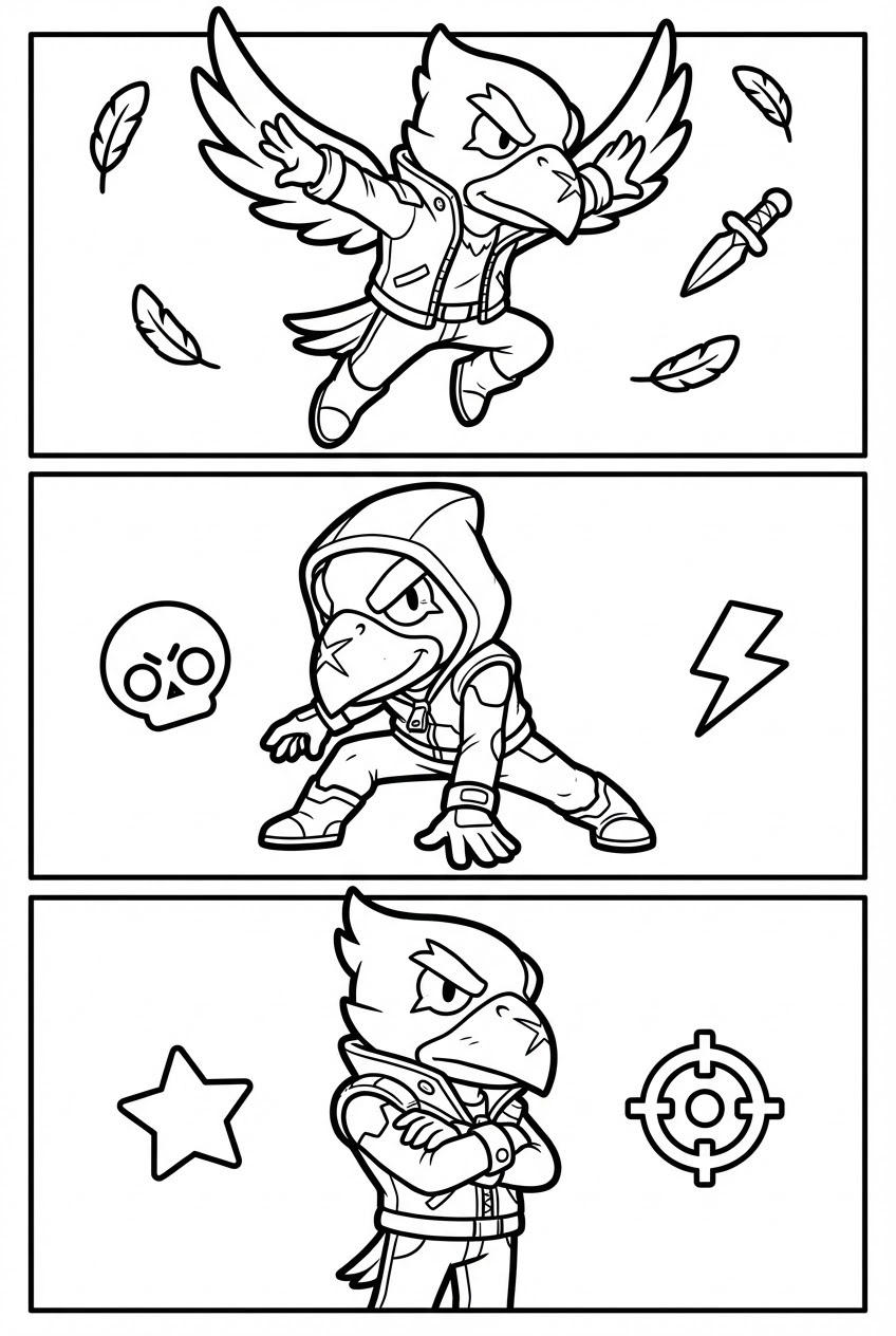 Brawl Stars kleurplaat met Crow in 3 verschillende kostuums skins om in te kleuren.