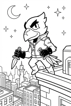 Brawl Stars kleurplaat van Crow die op een dak staat met een maan en sterren in de lucht.