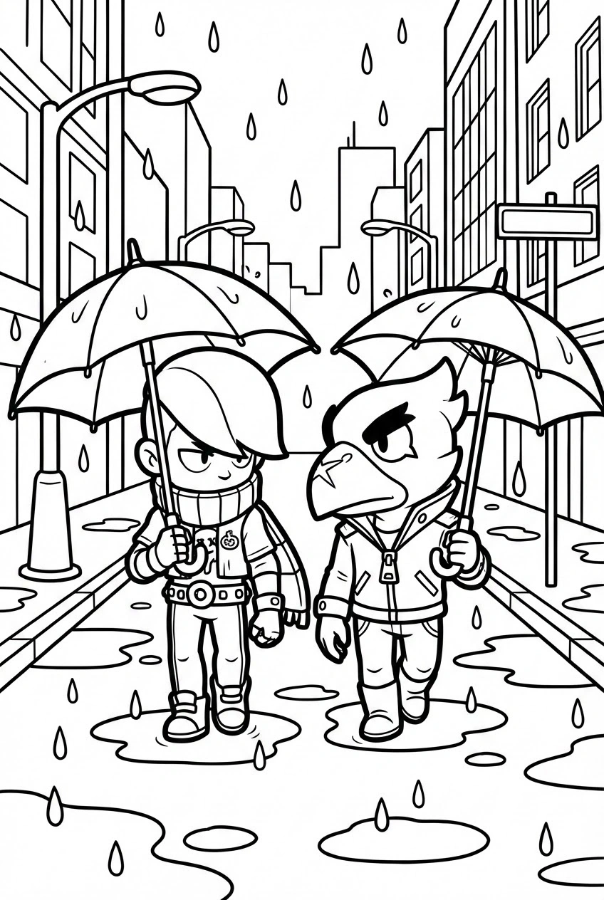 Brawl Stars kleurplaat van Edgar en Crow in de regen met een paraplu en plassen op straat.