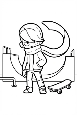 Brawl Stars kleurplaat van Edgar met zijn sjaal in een skatepark met ramps en een skateboard.