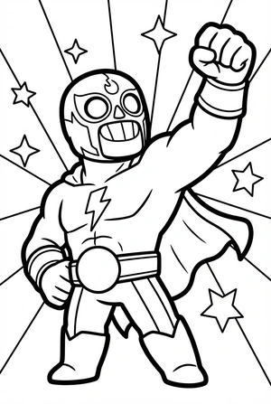 Brawl Stars kleurplaat van El Primo die een superheldenpose maakt met een cape en sterren.