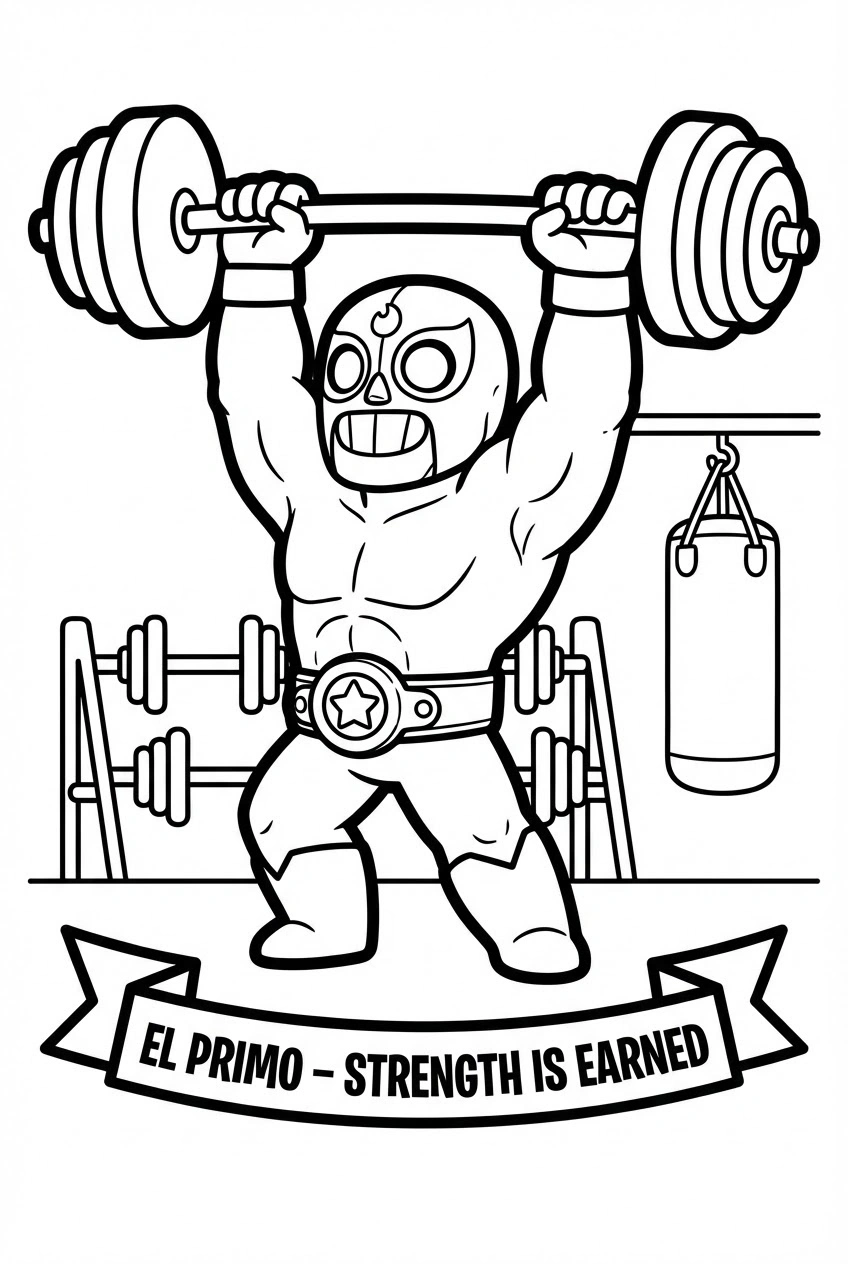 Brawl Stars kleurplaat van El Primo die een gewicht tilt in de sportschool met dumbbells.