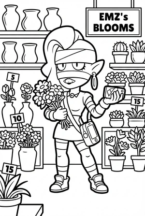 Brawl Stars kleurplaat van Emz in een bloemenwinkel met boeketten, vazen en prijskaartjes.