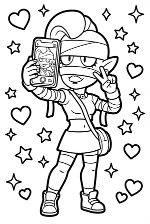 Brawl Stars kleurplaat van Emz die een selfie maakt met hartjes en een telefoon.