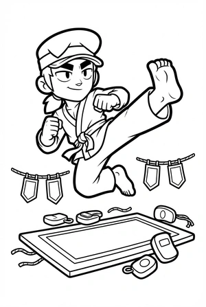 Brawl Stars kleurplaat van Fang die een karatekick doet op een trainingmat met vlaggetjes.