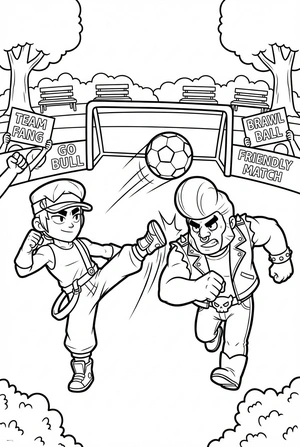 Brawl Stars kleurplaat van Fang en Bull die voetbal spelen met een goal en bal.