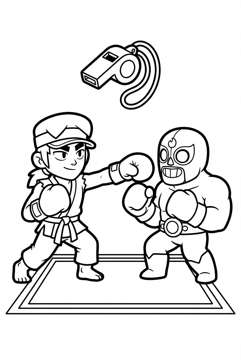 Brawl Stars kleurplaat van Fang en El Primo die vriendelijk sparren met bokshandschoenen en mat.