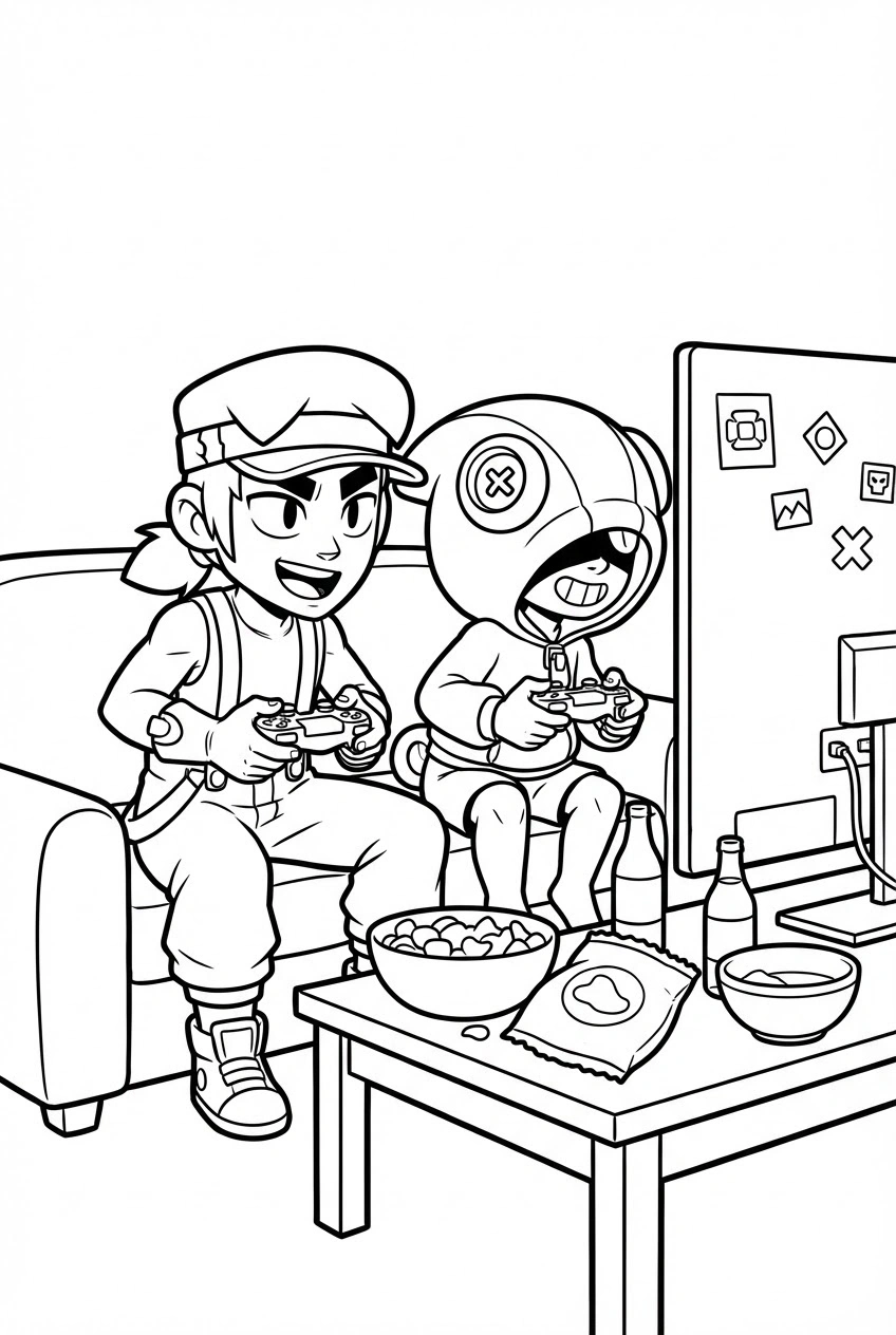 Brawl Stars kleurplaat van Fang en Leon die videogames spelen met controllers en een tv.