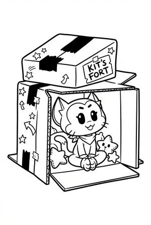 Brawl Stars kleurplaat van Kit de kat in een kartonnen doos fort met tape en sterren.