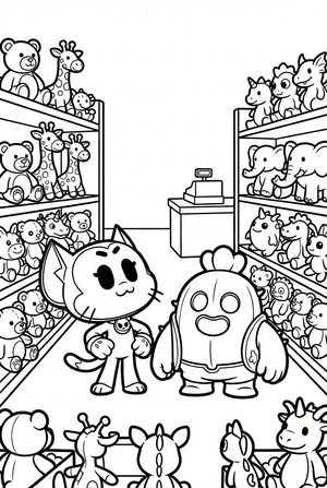 Brawl Stars kleurplaat van Kit en Spike in een knuffelwinkel met veel plushies en een kassa.