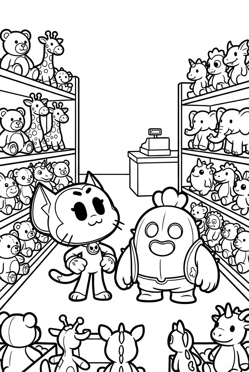 Brawl Stars kleurplaat van Kit en Spike in een knuffelwinkel met veel plushies en een kassa.