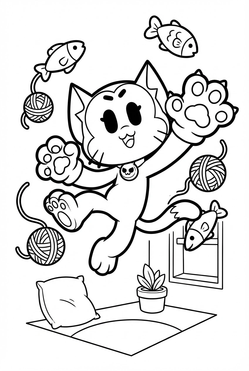 Brawl Stars kleurplaat van Kit met visjes, wolletjes en een speelse kat-energie om in te kleuren.