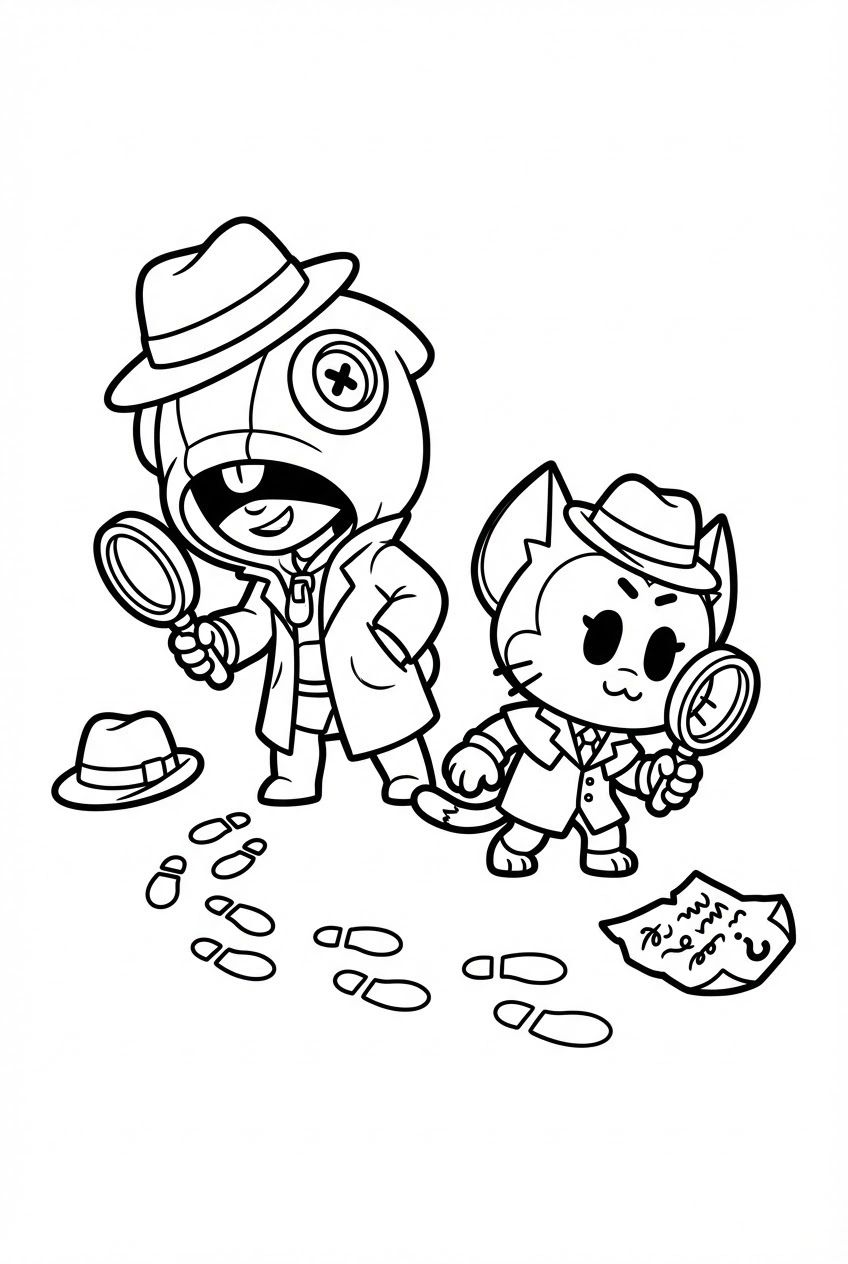 Brawl Stars kleurplaat van Leon en Kit als detectives met een vergrootglas en voetstappen.