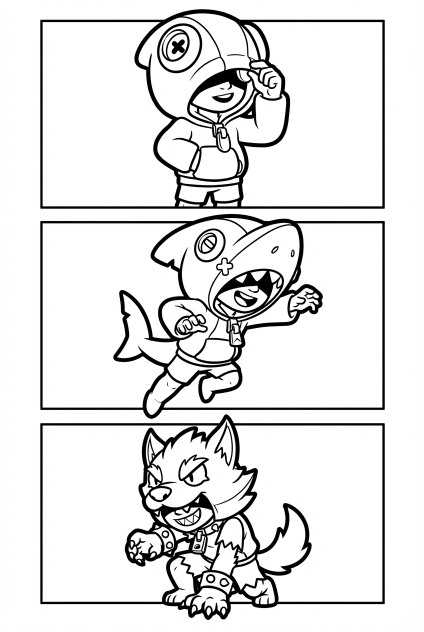 Brawl Stars kleurplaat met Leon in 3 skins stijlen, elk in een eigen vakje om in te kleuren.