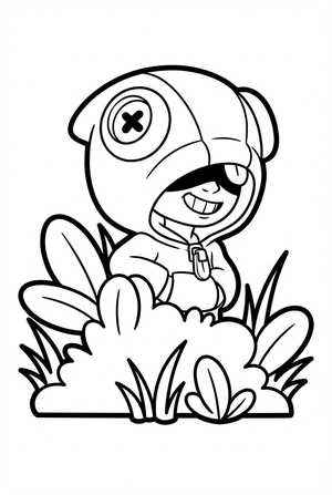 Brawl Stars kleurplaat van Leon die zich verstopt achter een struik met een speelse blik.