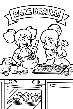 Brawl Stars kleurplaat van Mandy en Piper die cupcakes bakken met een oven, kom en sprinkles.