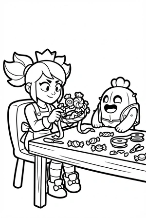 Brawl Stars kleurplaat van Mandy die een snoepkroon maakt voor Spike met snoepjes en linten.