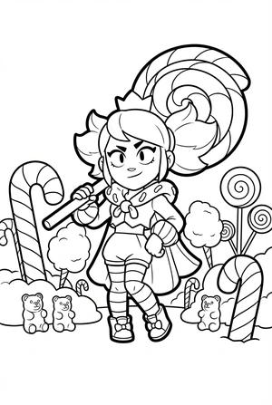 Brawl Stars kleurplaat van Mandy met een reuzenlolly in snoepland met snoepjes en wolken.