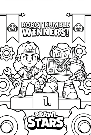 Brawl Stars kleurplaat van Meg en Surge bij een robotwedstrijd met medailles en een podium.