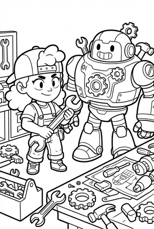 Brawl Stars kleurplaat van Meg met een robot in een werkplaats met gereedschap en tandwielen.