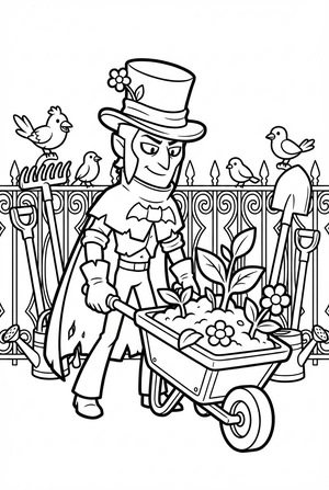 Brawl Stars kleurplaat van Mortis als tuinman met kruiwagen, schep en plantjes in de tuin.