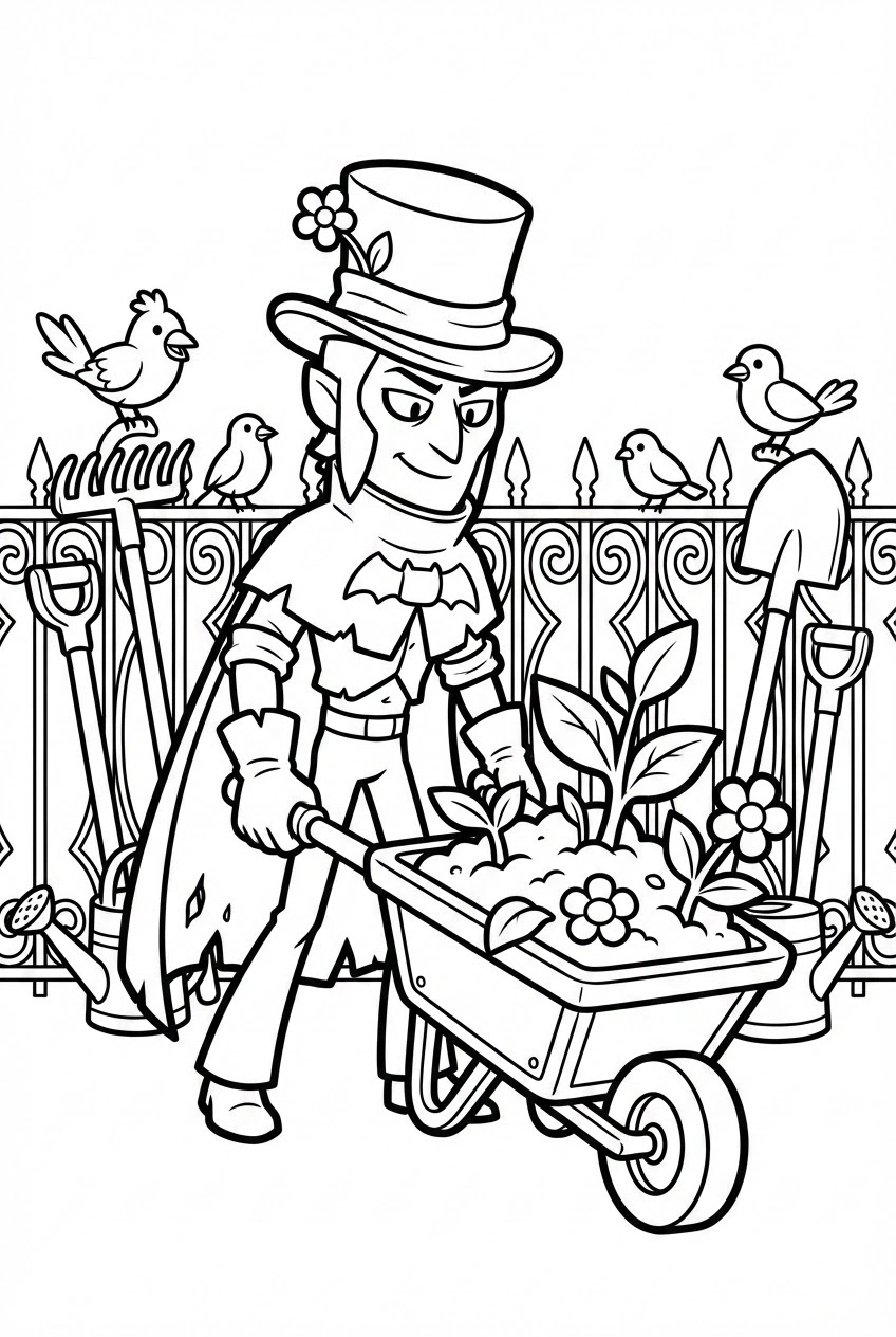 Brawl Stars kleurplaat van Mortis als tuinman met kruiwagen, schep en plantjes in de tuin.