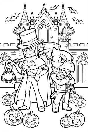 Brawl Stars kleurplaat van Mortis en Crow bij een spookkasteel met pompoenen en vleermuizen.