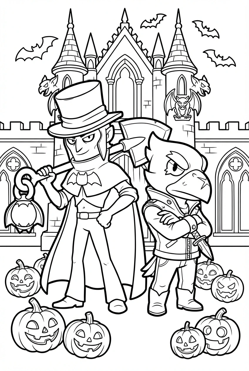 Brawl Stars kleurplaat van Mortis en Crow bij een spookkasteel met pompoenen en vleermuizen.