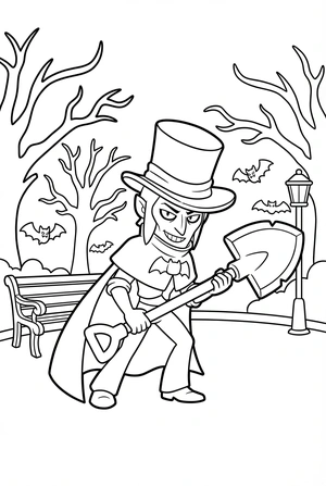 Brawl Stars kleurplaat van Mortis met een schep in een spookachtig park met bomen en vleermuizen.