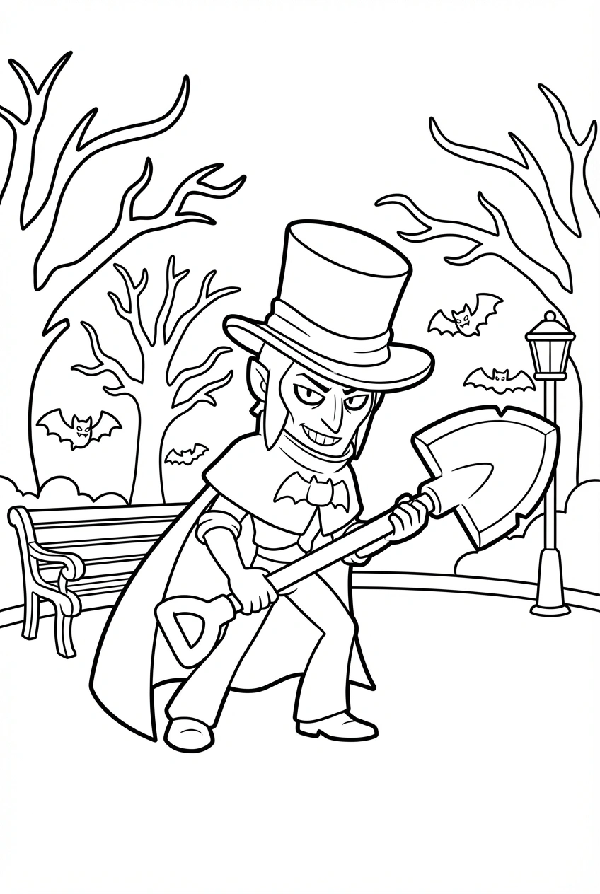 Brawl Stars kleurplaat van Mortis met een schep in een spookachtig park met bomen en vleermuizen.