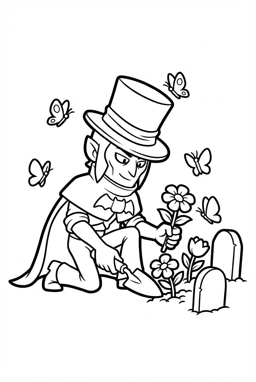 Brawl Stars kleurplaat van Mortis die bloemen plant bij kleine grafsteentjes, vriendelijk en rustig.