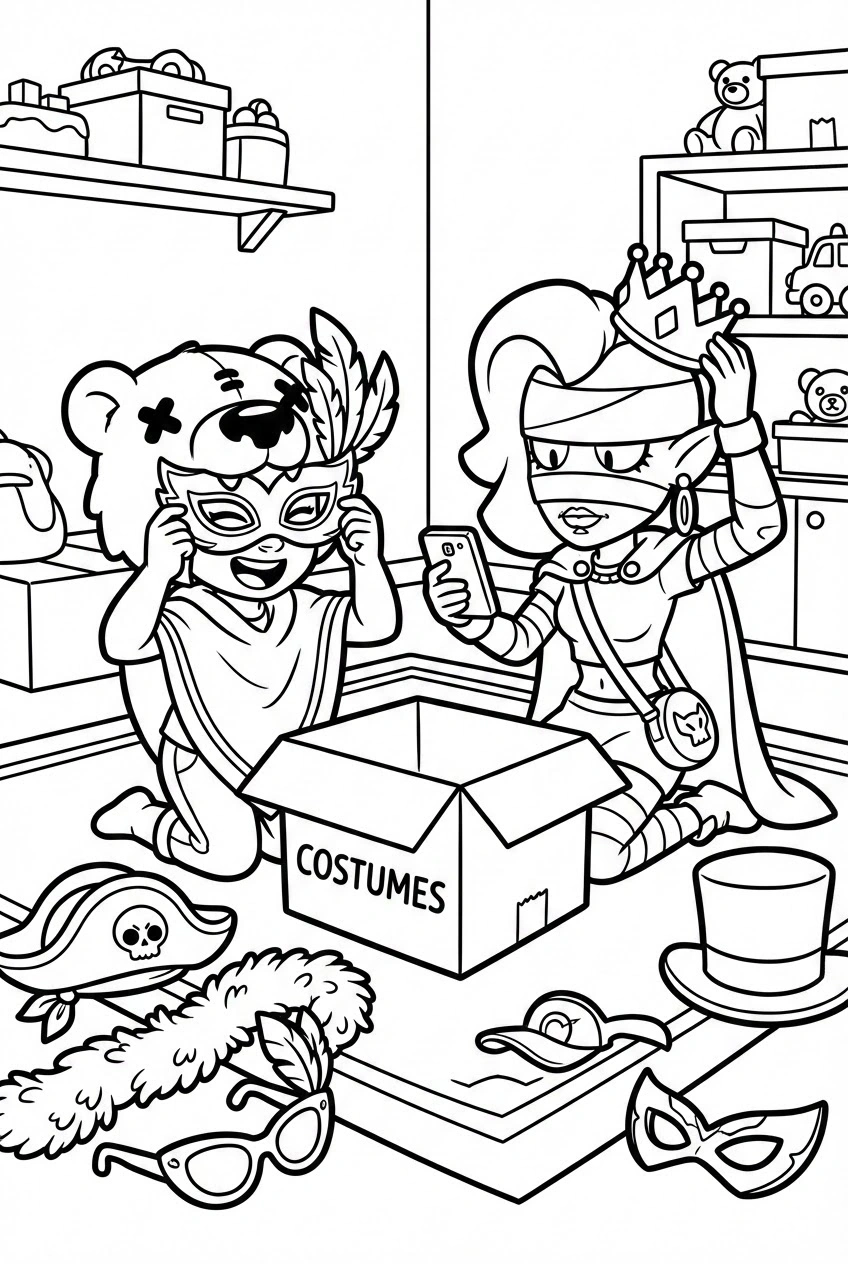 Brawl Stars kleurplaat van Nita en Emz die zich verkleden met maskers en verkleedkist.