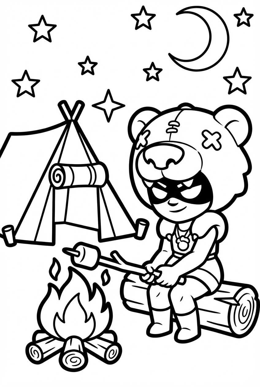 Brawl Stars kleurplaat van Nita bij een kampvuur met marshmallows, tent en sterrenhemel.