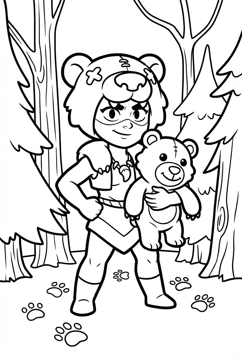 Brawl Stars kleurplaat van Nita met haar berenknuffel in het bos met bomen en pootafdrukken.